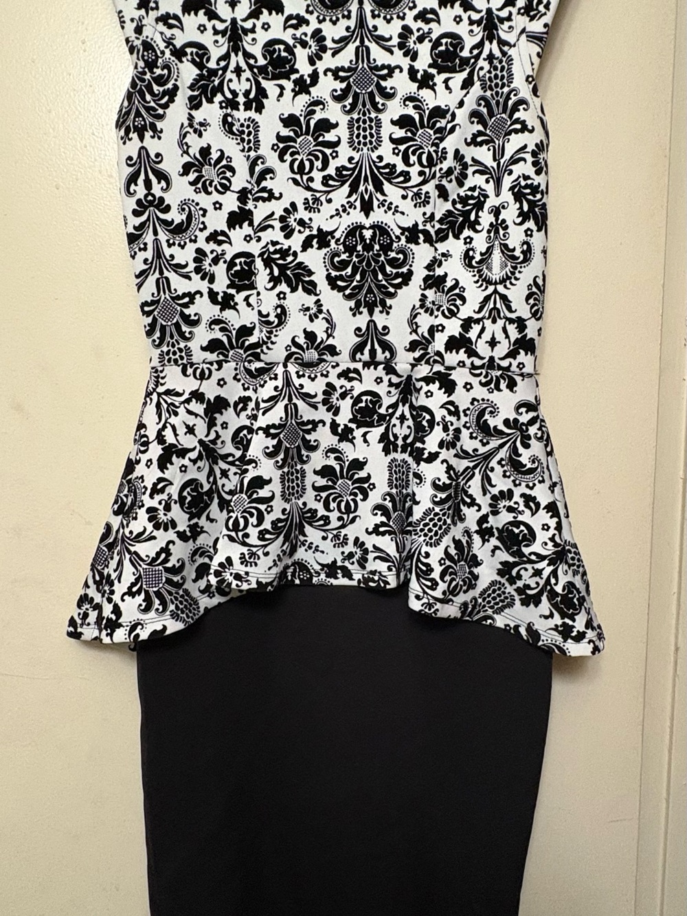 Black & White Peplum Dress with Damask Print